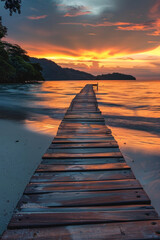 A wooden walkway at a beach during the sunrise
