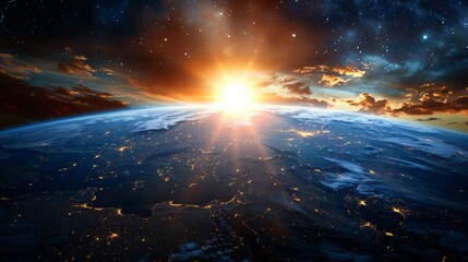 Panoramic view of the Earth. sun. star and galaxy. Sunrise over planet Earth. view from space. - obrazy, fototapety, plakaty