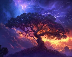 Lightning striking tree, vivid storm scene, hyper-realistic illustration, lightning, strike, tree, storm, scene, illustration, realistic, thunder, bolt, powerful, fierce, hyper, fury, tension, dischar - obrazy, fototapety, plakaty