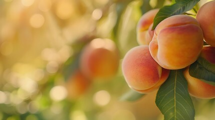 Peaches in focus, summer fruit close-up, empty space around, backdrop, background, banner, peach,...
