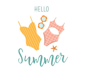 Happy summer card. Hand drawn summer beach accessories on white background. Summer design element for poster, banner, badge, label, print, card, travel. Summer swimwear and sunglasses