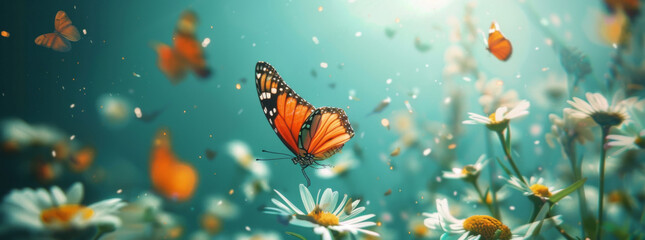 Beautiful nature background with flying butterflies and flowers on a turquoise blue background - obrazy, fototapety, plakaty