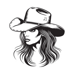 Cowboy girl face with hat. Black and white. Illustration.