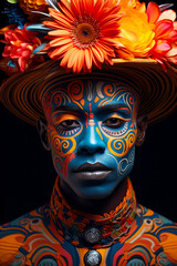 An artistic portrait of a person adorned with intricate tribal face paint and a vivid floral headdress against a dark background.
