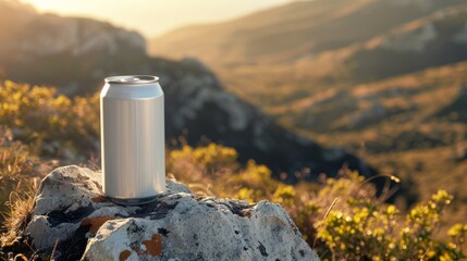 A tranquil scene featuring a beverage can on a rocky outcrop, bathed in the warm light of a setting sun over rolling hills. Product Mockup and bold marketing Concept