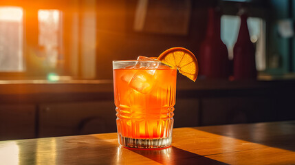 Tequila sunrise orange summer cocktail. Exotic tasty cocktail. - obrazy, fototapety, plakaty
