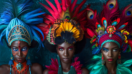Three powerful portraits of tribal women adorned with vibrant exotic headdresses symbolizing cultural beauty and identity.
