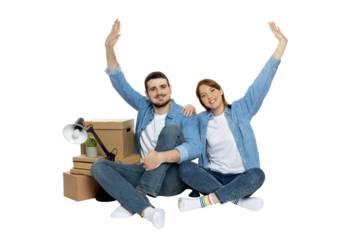 PNG, couple with boxes, moving concept, isolated on white background.