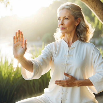 beautiful woman practising tai chi in nature in romantic morning light, positive tai-chi chuan in nature  