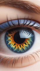 Extreme close-up of a woman's right eye with a gray-orange iris and blue makeup.