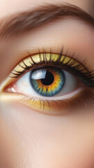 Female left eye with bright blue orange iris close up with yellow eye shadow.