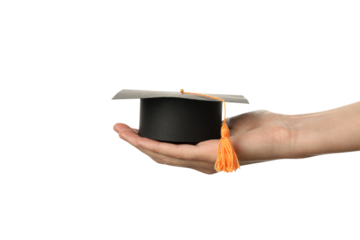 PNG, graduation cap in hands, isolated on white background.