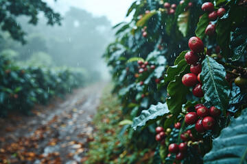 Coffee bushes with ripe coffee beans in the rain. Generated by artificial intelligence - obrazy, fototapety, plakaty