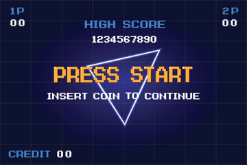 Press start, Retro games for game assets in retro futuristic sci-fi background vector illustration. Glowing neon from an old arcade