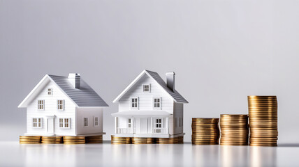 Miniatures of white houses on a stack of coins. The concept of a real estate agency