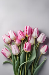 Obraz na płótnie Canvas Bouquet, an armful of soft pink and white tulips on a light gray background, space for text at the top.