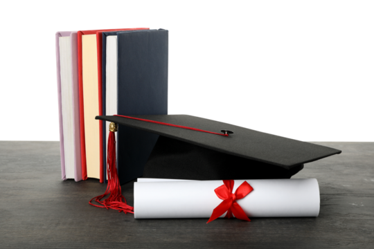PNG, graduate hat with books, isolated on white background.