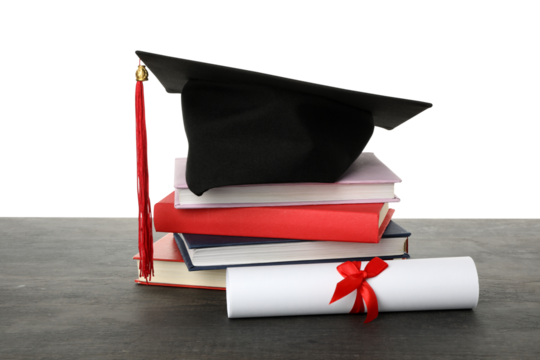 PNG, graduate hat with books, isolated on white background.