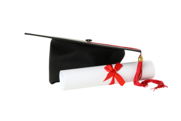 PNG, diploma and graduate hat, isolated on white background.