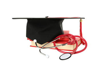 PNG, graduate hat with stethoscope, isolated on white background.