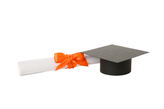 PNG, diploma and graduate hat, isolated on white background.