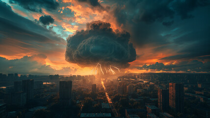 A city is shown with a large cloud of smoke and lightning bolts