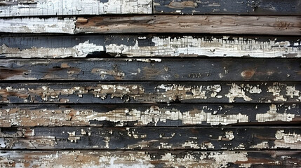 The image is of a wooden surface with a lot of peeling paint. The surface is old and worn, with many cracks and holes. Scene is one of decay and neglect