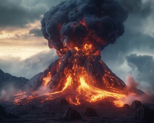Volcanic eruption with ash cloud, ultra-realistic, volcano, eruption, render, cloud, effect, model, ash, particle, simulation, software, technique, visual, ultra, special, dispersion, artwork, fallout - obrazy, fototapety, plakaty