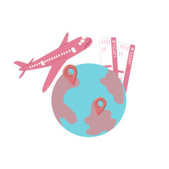 Vector summer illustration, set of cute pink travel icons, travel and adventure tourism, travel abroad, summer vacation trip set, pink tickets, pink airplane, passport, globe