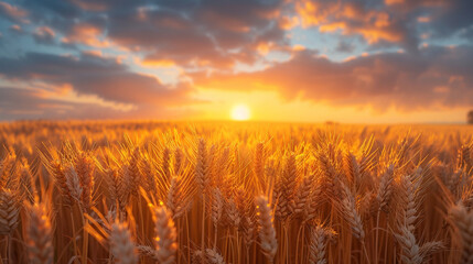 Sunset in a field of golden wheat at golden hour - obrazy, fototapety, plakaty