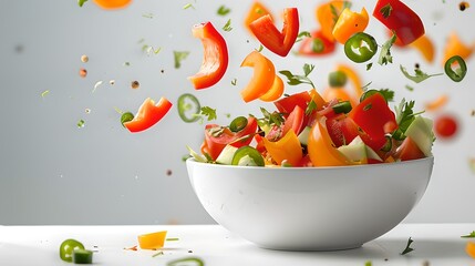 Fresh vegetables mid-air around a white bowl. Dynamic food photography, perfect for healthy lifestyle themes. Captured with high-speed technique. AI