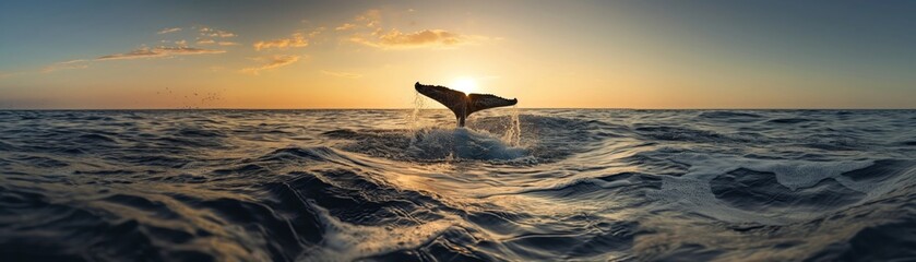 Wide angle, whale tail splash, ocean surface, void, banner, backdrop, background, donation, charity, contribution, philanthropy, generosity, support, back, humanitarian, gift, grant, offer, void, ocea - obrazy, fototapety, plakaty