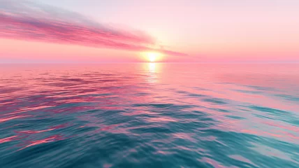 Afwasbaar fotobehang A beautiful pink and blue ocean with a sun setting in the background © CtrlN