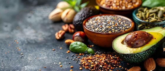Healthy fats food assortment with avocado nuts seeds olive oil for customization. Concept Healthy Fats, Avocado, Nuts, Seeds, Olive Oil - obrazy, fototapety, plakaty