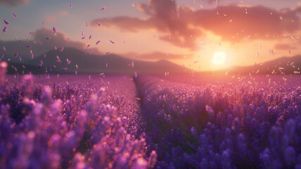 A field of purple flowers with a sun in the background - obrazy, fototapety, plakaty