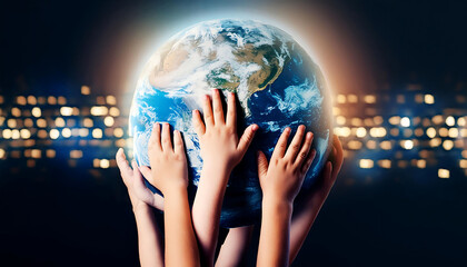 World globe in children's hands, Earth Day and children's future concept