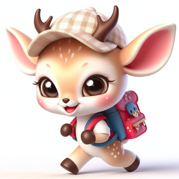 Cute character 3D image of A little gazelle is wearing a hat and carrying a backpack on the way to school, funny, smile, happy white background