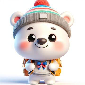 Cute character 3D image of A little polar bear is wearing a hat and carrying a backpack on the way to school, funny, smile, happy white background