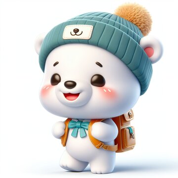Cute character 3D image of A little polar bear is wearing a hat and carrying a backpack on the way to school, funny, smile, happy white background