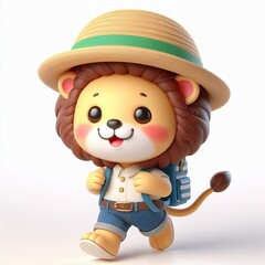 Cute character 3D image of A little lion is wearing a hat and carrying a backpack on the way to school, funny, smile, happy white background