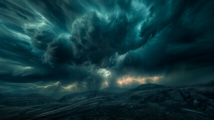 A stormy sky with lightning and dark clouds