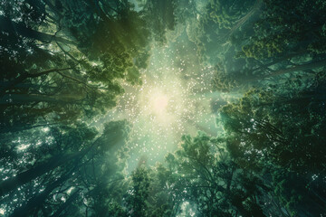 Fisheye lens effect of a forest with light rays