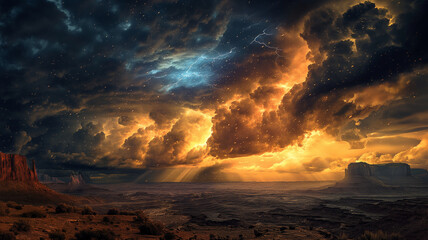 Naklejka premium A stormy sky with a bright orange sun in the distance