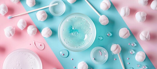 Cotton swabs, cotton balls, and soap bubbles on a pink and blue background. The liquid essence of water and moisture creates a pattern of electric blue circles and aqua petals - obrazy, fototapety, plakaty
