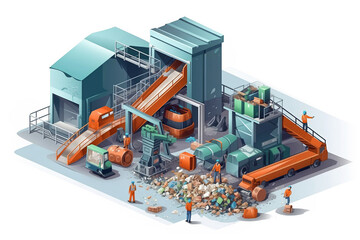 Isometric illustration of a waste management facility with workers.
