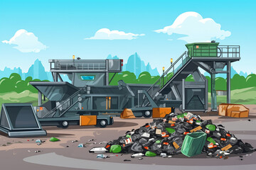 Illustration of a waste management plant with garbage.