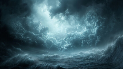 A stormy ocean with dark clouds and crashing waves