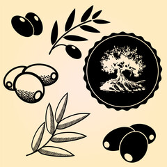 Olive oil incon set on a vintage gradient background, vector illustration