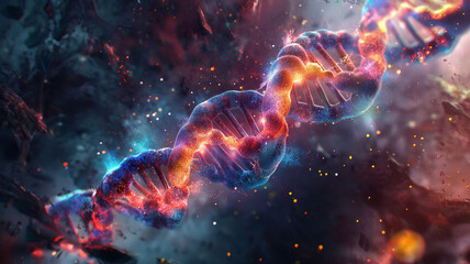 A colorful DNA strand with a blue and red base pair