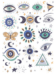 Fototapeta premium Eyes magic hand drawn on a white background set of cute pictures cartoon stars moon mysticism tarot astrology